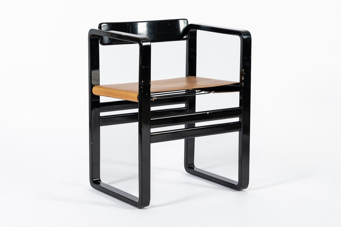 Mid Century Modern Black Lacquer and Brown Leather Arm Chairs 1970s