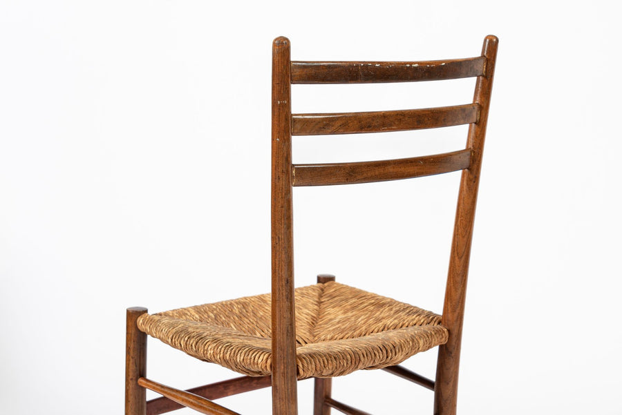 Vintage Rustic Modern Wood and Rush Wicker Dining Chairs, Set of 4