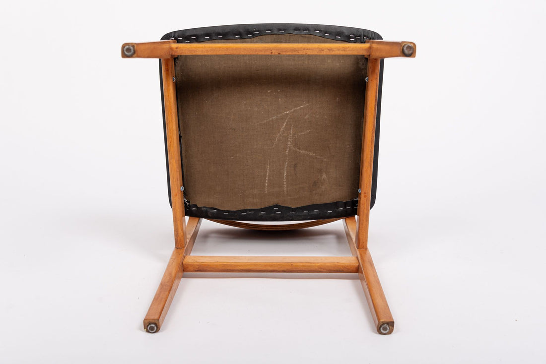 Mid Century Danish Teak Wood & Black Vinyl Dining Chairs