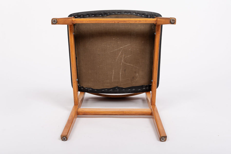 Mid Century Danish Teak Wood & Black Vinyl Dining Chairs