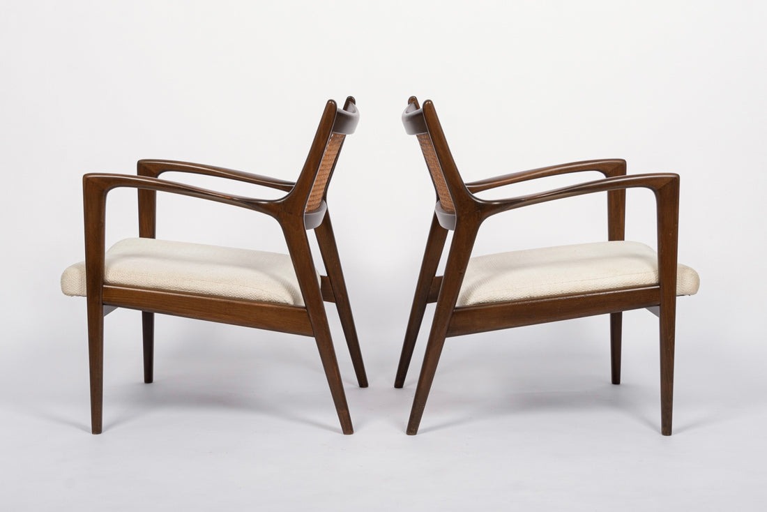 Mid Century White Lounge Chairs with Walnut and Cane Jens Risom Style