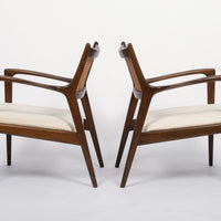 Mid Century White Lounge Chairs with Walnut and Cane Jens Risom Style