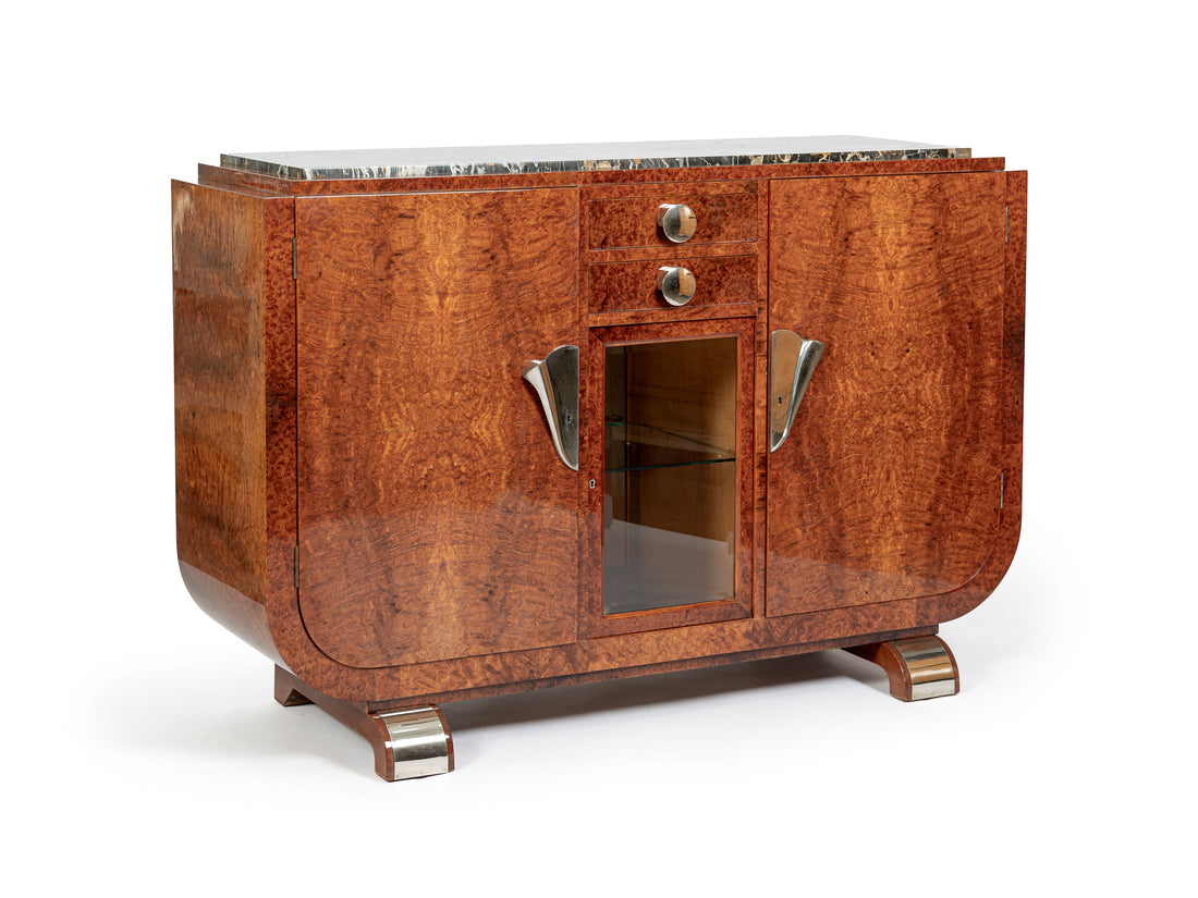 French Art Deco Amboyna Burl Sideboard or Bar Cabinet with Marble Top, Circa 1930