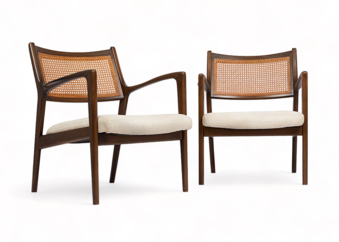 Mid Century White Lounge Chairs with Walnut and Cane Jens Risom Style