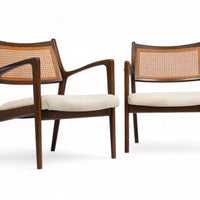 Mid Century White Lounge Chairs with Walnut and Cane Jens Risom Style