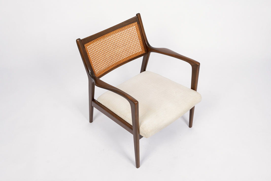 Mid Century White Lounge Chairs with Walnut and Cane Jens Risom Style