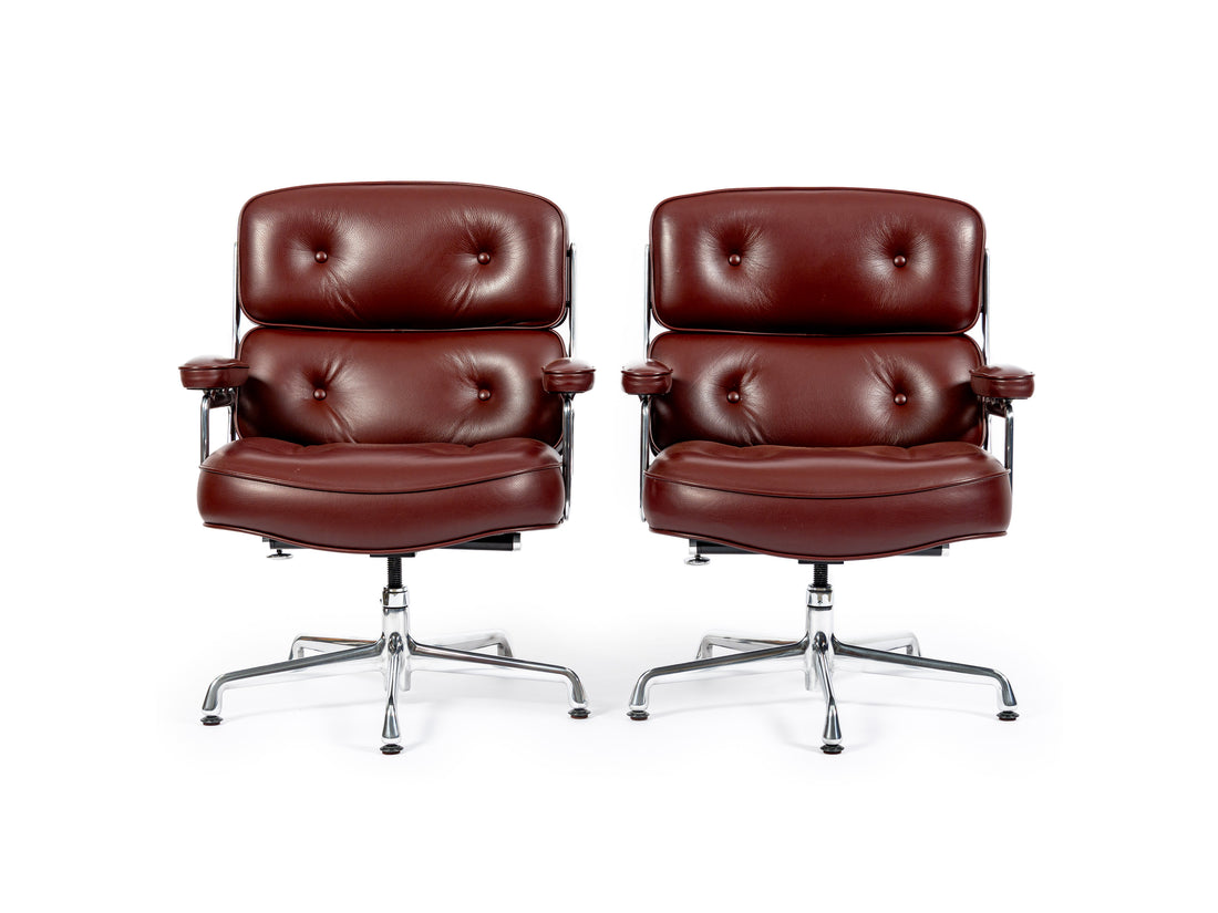 Pair Eames Herman Miller Time Life Lobby Red Leather Office Chairs