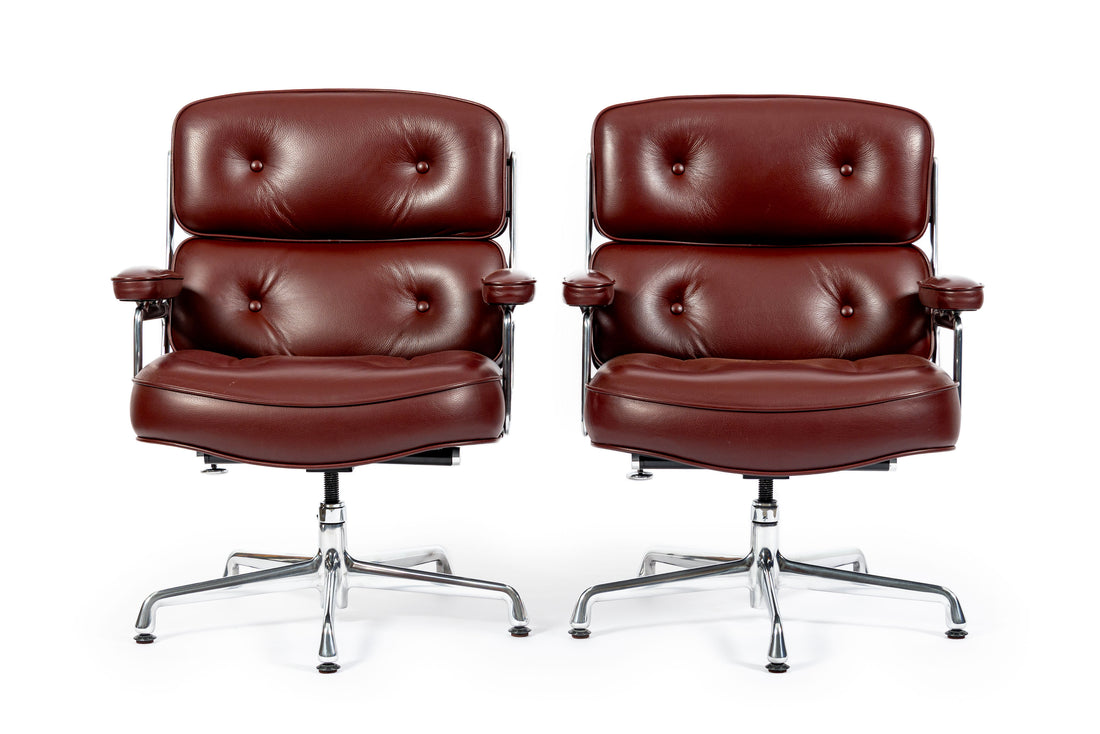 Pair Eames Herman Miller Time Life Lobby Red Leather Office Chairs