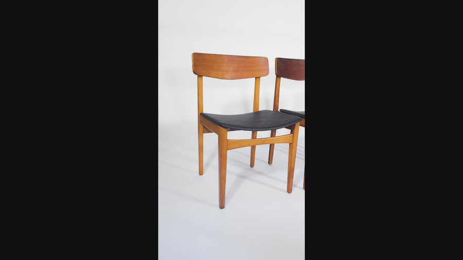 Mid Century Danish Teak Wood & Black Vinyl Dining Chairs