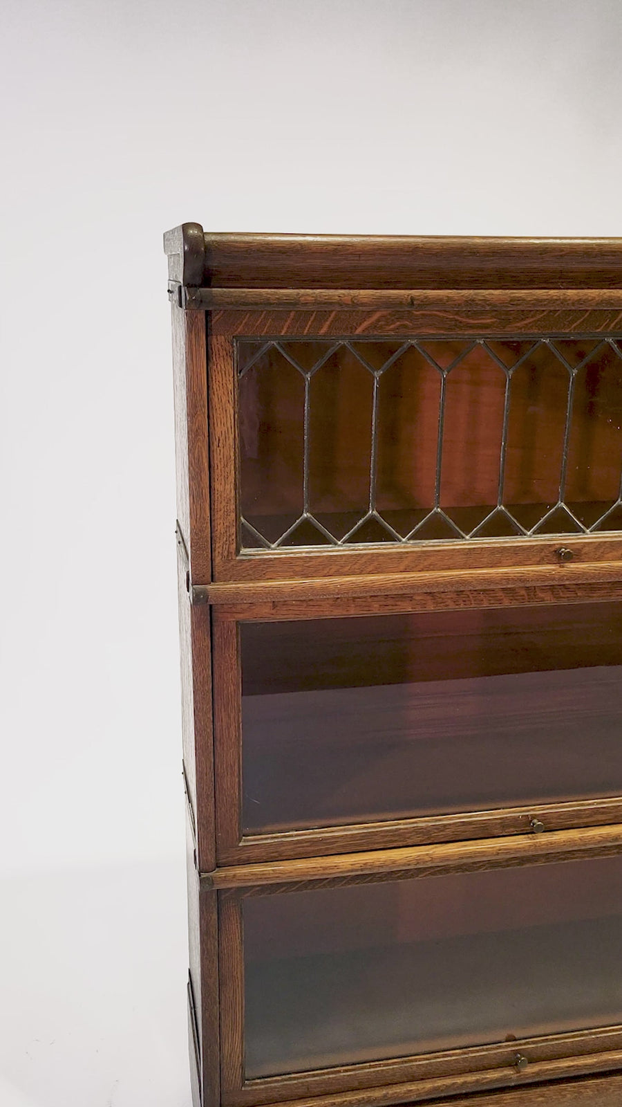 Antique Three Shelf Wood Barrister Bookcase Cabinet with Leaded Glass