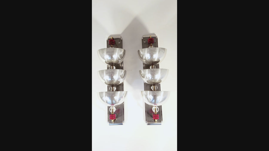 Pair Antique Art Deco Large Silver Metal Wall Sconce Lamps