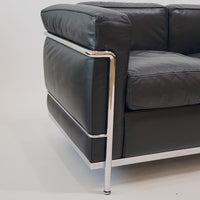 Authentic Cassina LC2 Black Leather Two-Seat Sofa by Le Corbusier 1994