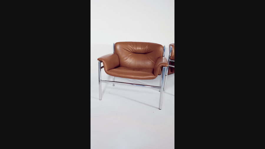 Mid Century Caramel Brown Leather Lounge Chairs by Stendig 1960s