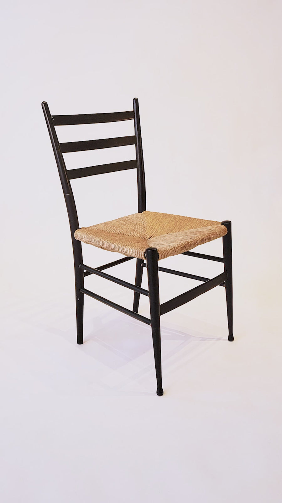Vintage Mid Century Black Wood and Rush Wicker Dining Chairs