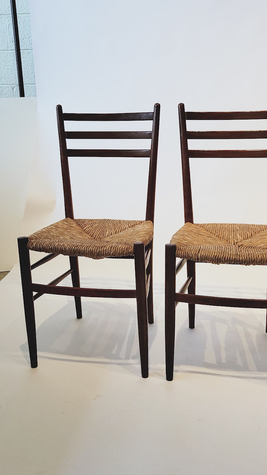 Vintage Rustic Modern Wood and Rush Wicker Dining Chairs, Set of 4