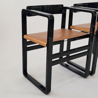 Mid Century Modern Black Lacquer and Brown Leather Arm Chairs 1970s