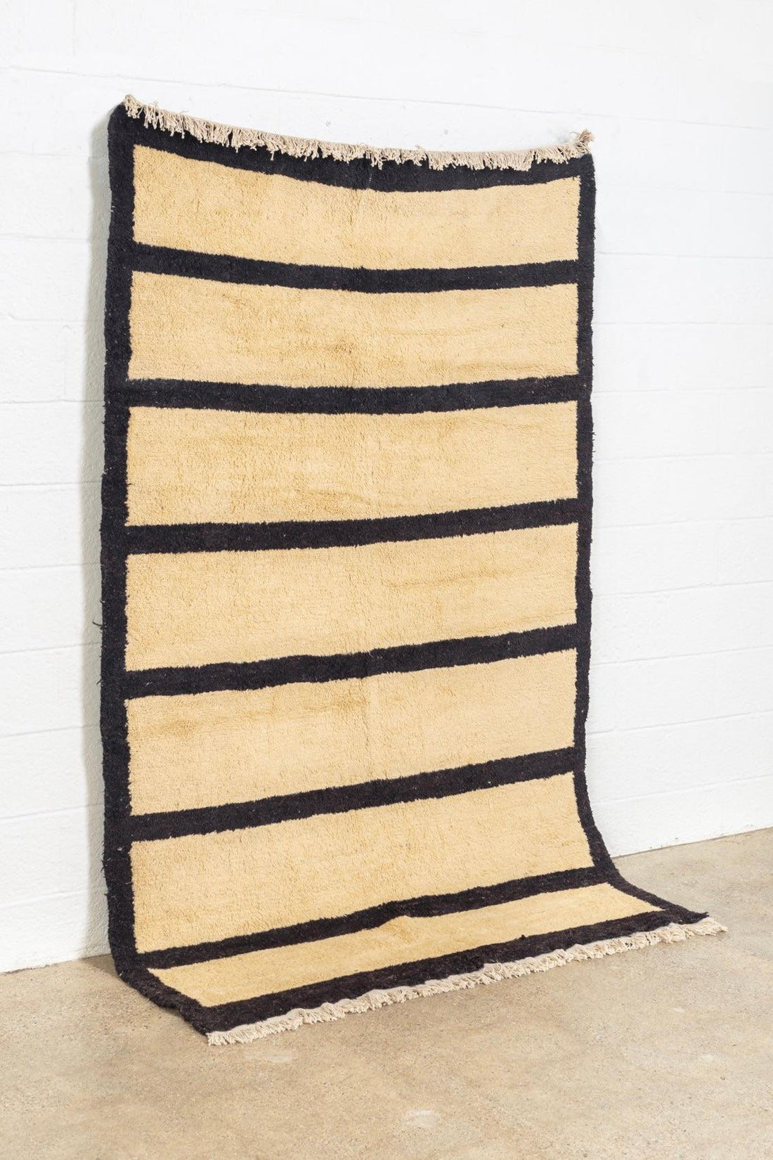 Vintage Turkish Tulu Beige and Dark Brown Striped Wool Floor Rug, 5’ x 8’