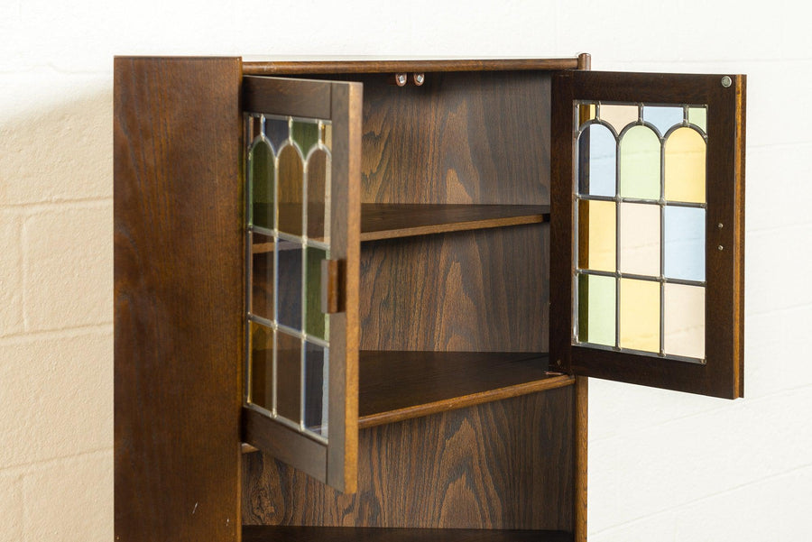 Vintage Mid Century Danish Modern Teak Stained Glass Corner China Cabinet
