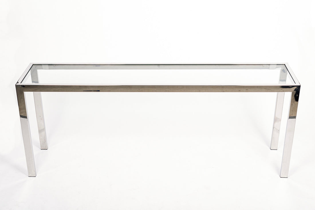 Mid Century Chrome & Glass Sofa Table in the Style of Milo Baughman