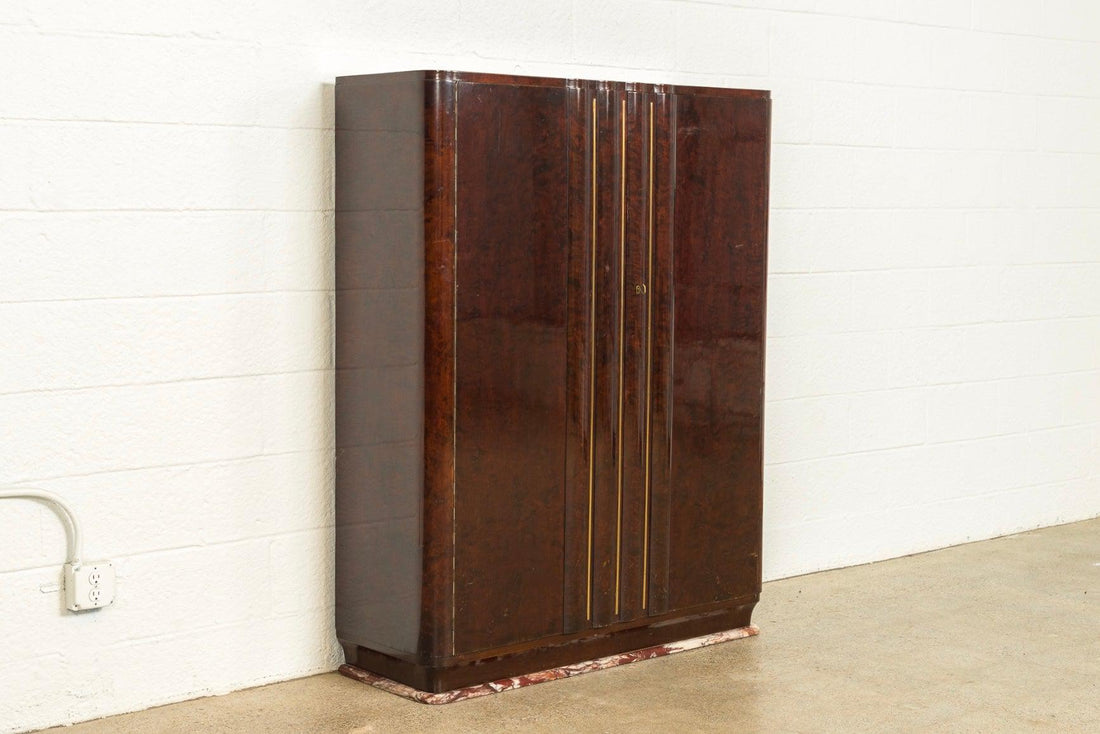 Exceptional Antique Art Deco Burl Wood Bar Cabinet with Marble Base, 1920s