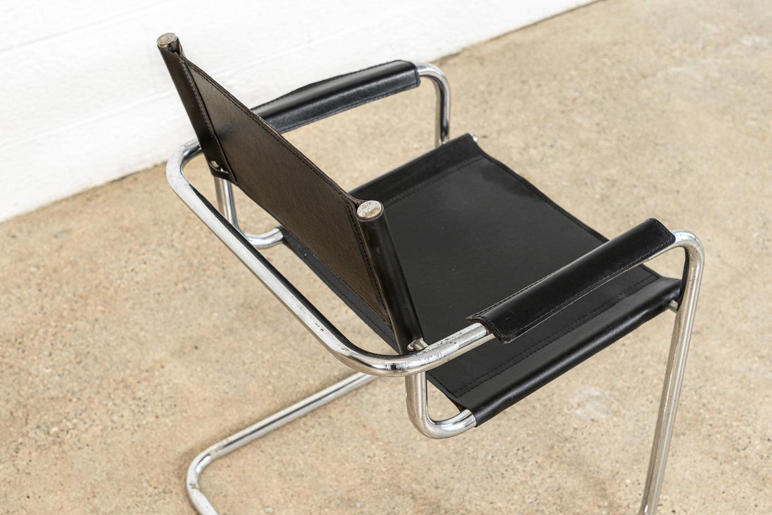 Vintage Pair of Mid Century Bauhaus Mart Stam Black Leather and Chrome Cantilever Arm Chairs