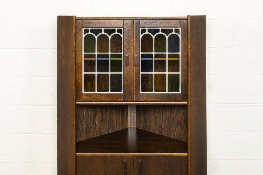 Vintage Mid Century Danish Modern Teak Stained Glass Corner China Cabinet