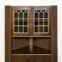 Vintage Mid Century Danish Modern Teak Stained Glass Corner China Cabinet