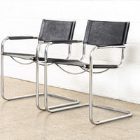 Vintage Pair of Mid Century Bauhaus Mart Stam Black Leather and Chrome Cantilever Arm Chairs