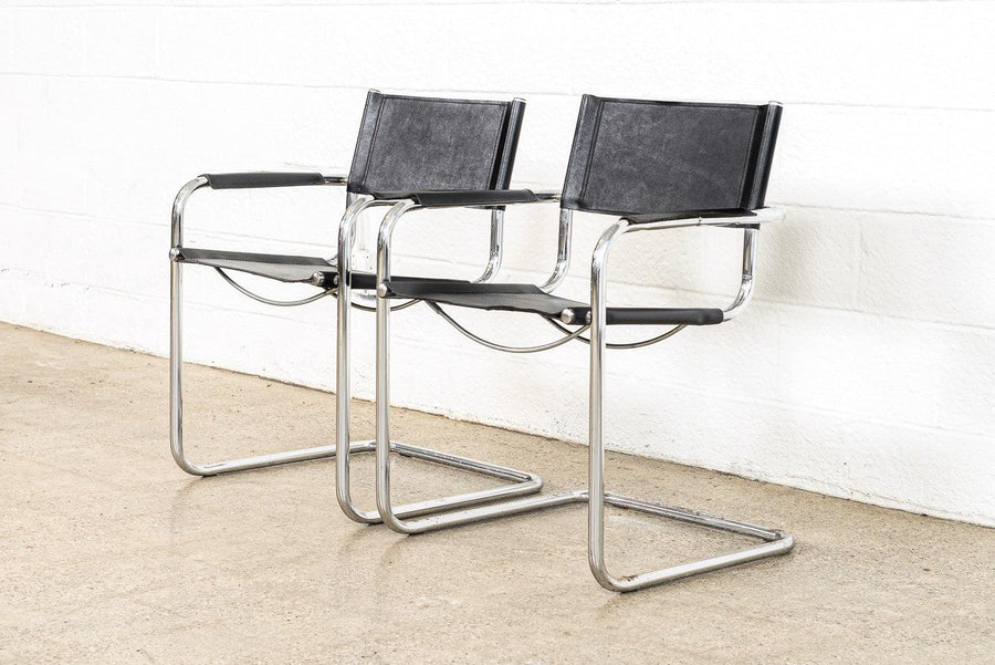 Vintage Pair of Mid Century Bauhaus Mart Stam Black Leather and Chrome Cantilever Arm Chairs