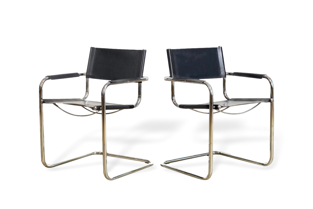 Vintage Pair of Mid Century Bauhaus Mart Stam Black Leather and Chrome Cantilever Arm Chairs