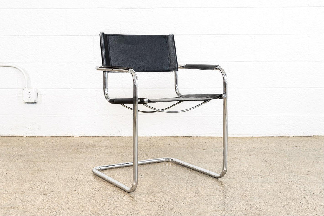 Vintage Pair of Mid Century Bauhaus Mart Stam Black Leather and Chrome Cantilever Arm Chairs