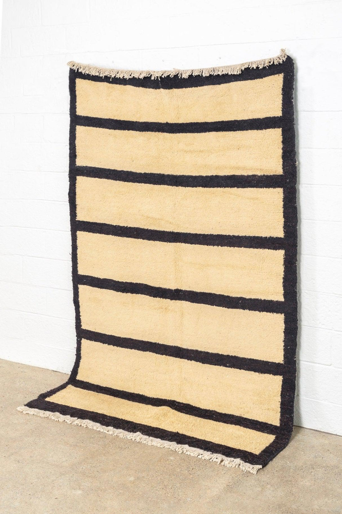 Vintage Turkish Tulu Beige and Dark Brown Striped Wool Floor Rug, 5’ x 8’