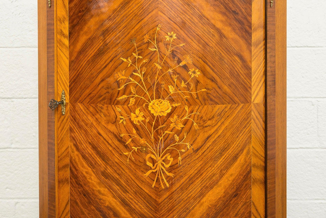 Antique Art Deco Wood Corner Cabinet with Floral Inlay Design, 1920s