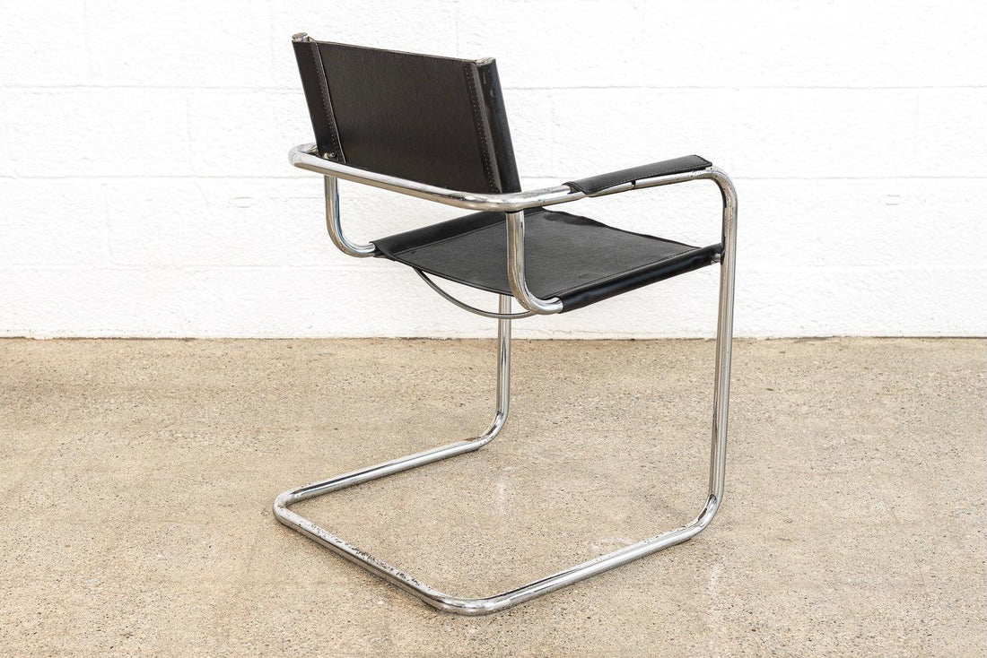 Vintage Pair of Mid Century Bauhaus Mart Stam Black Leather and Chrome Cantilever Arm Chairs