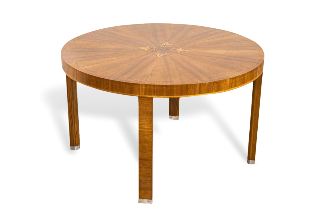 1930s Vintage Antique Art Deco Wood Inlay Round Dining Table