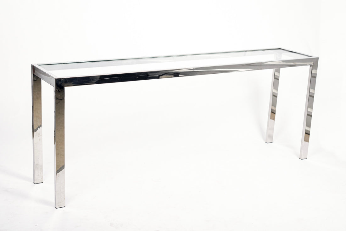 Mid Century Chrome & Glass Sofa Table in the Style of Milo Baughman