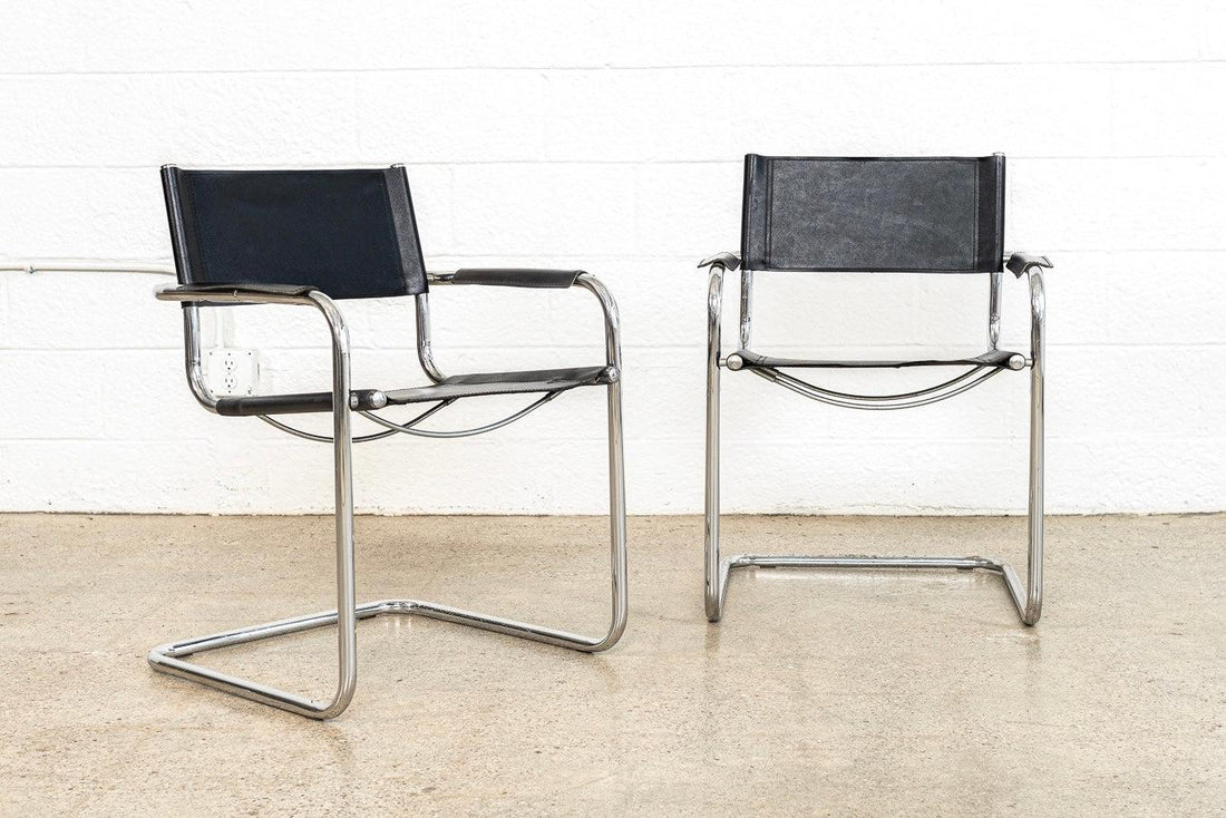 Vintage Pair of Mid Century Bauhaus Mart Stam Black Leather and Chrome Cantilever Arm Chairs