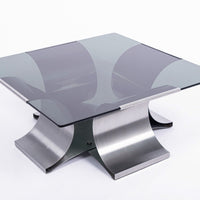 Mid Century French Square Glass & Steel Coffee Table by Monnet
