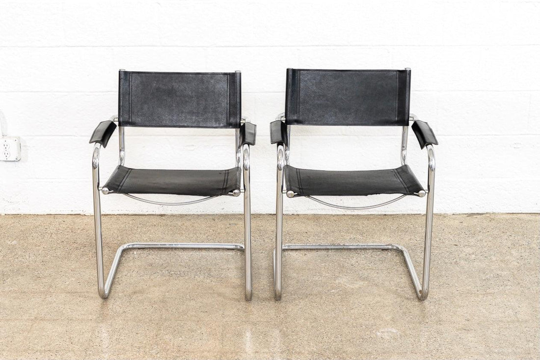 Vintage Pair of Mid Century Bauhaus Mart Stam Black Leather and Chrome Cantilever Arm Chairs