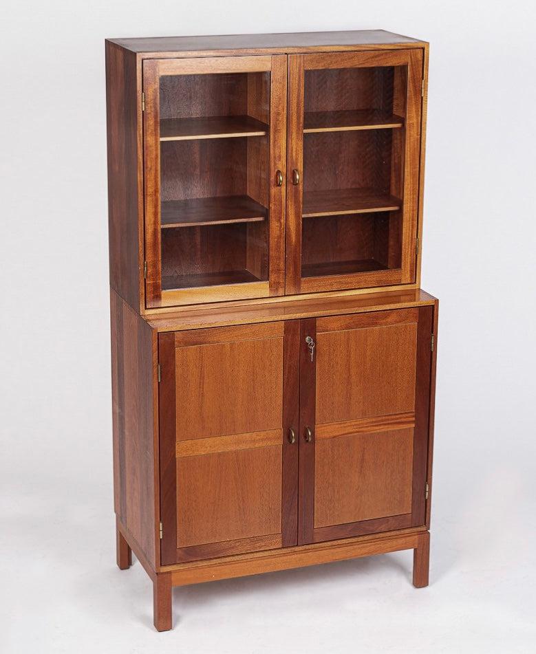 Matching Mid Century Danish Wood Storage Cabinets with Glass Doors & File Drawers