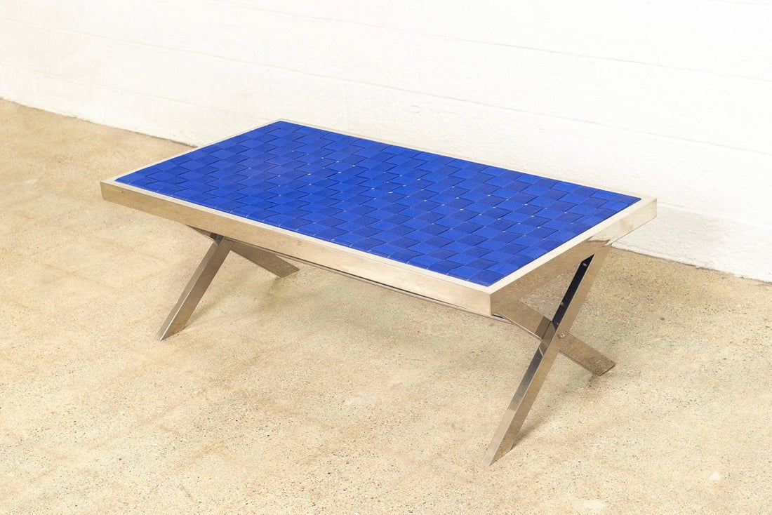 Mid Century Milo Baughman Style Chrome and Blue Strap Bench