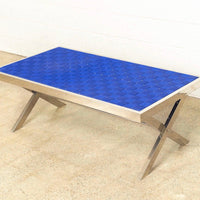 Mid Century Milo Baughman Style Chrome and Blue Strap Bench