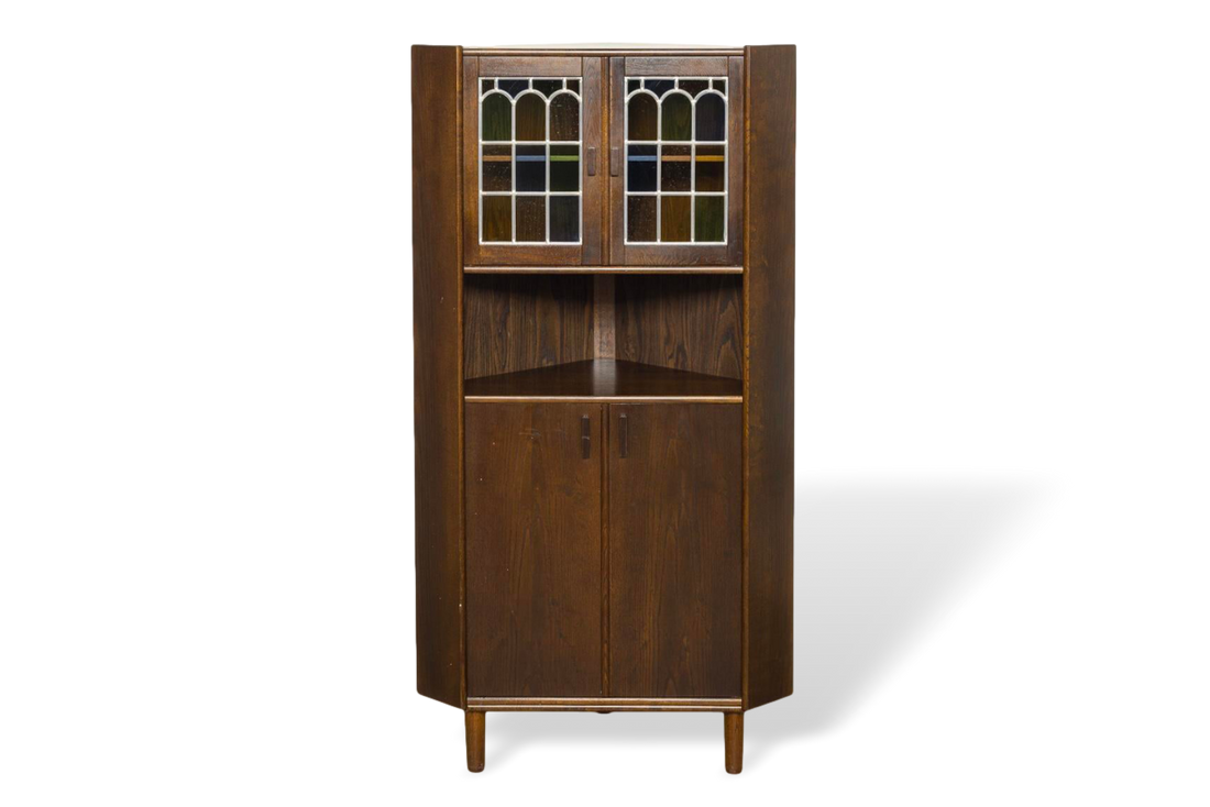 Vintage Mid Century Danish Modern Teak Stained Glass Corner China Cabinet