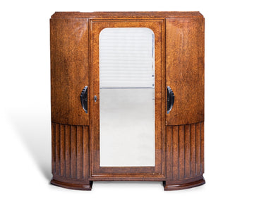 French Art Deco Burl Wood Mirrored Armoire Cabinet, 1930s