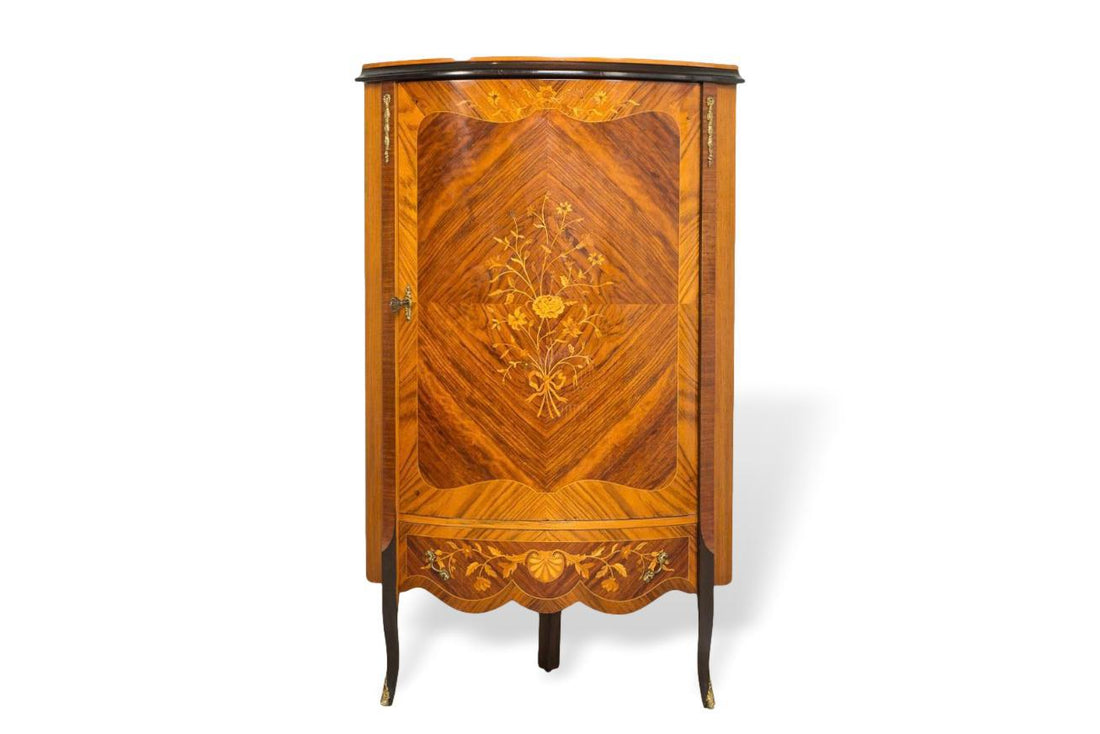 Antique Art Deco Wood Corner Cabinet with Floral Inlay Design, 1920s