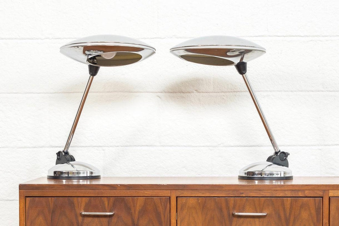 Pair of Vintage Mid Century Italian Modern Polished Chrome Table Lamps