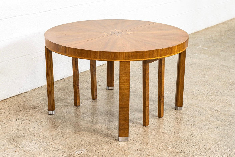 1930s Vintage Antique Art Deco Wood Inlay Round Dining Table