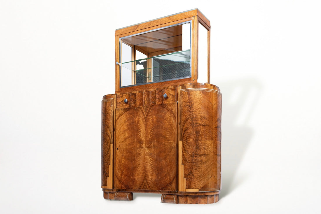 French Art Deco Burl Wood and Glass Bar Cabinet, 1930s