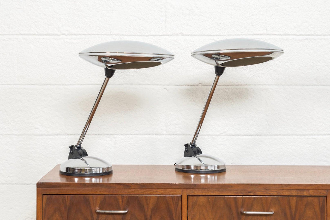 Pair of Vintage Mid Century Italian Modern Polished Chrome Table Lamps