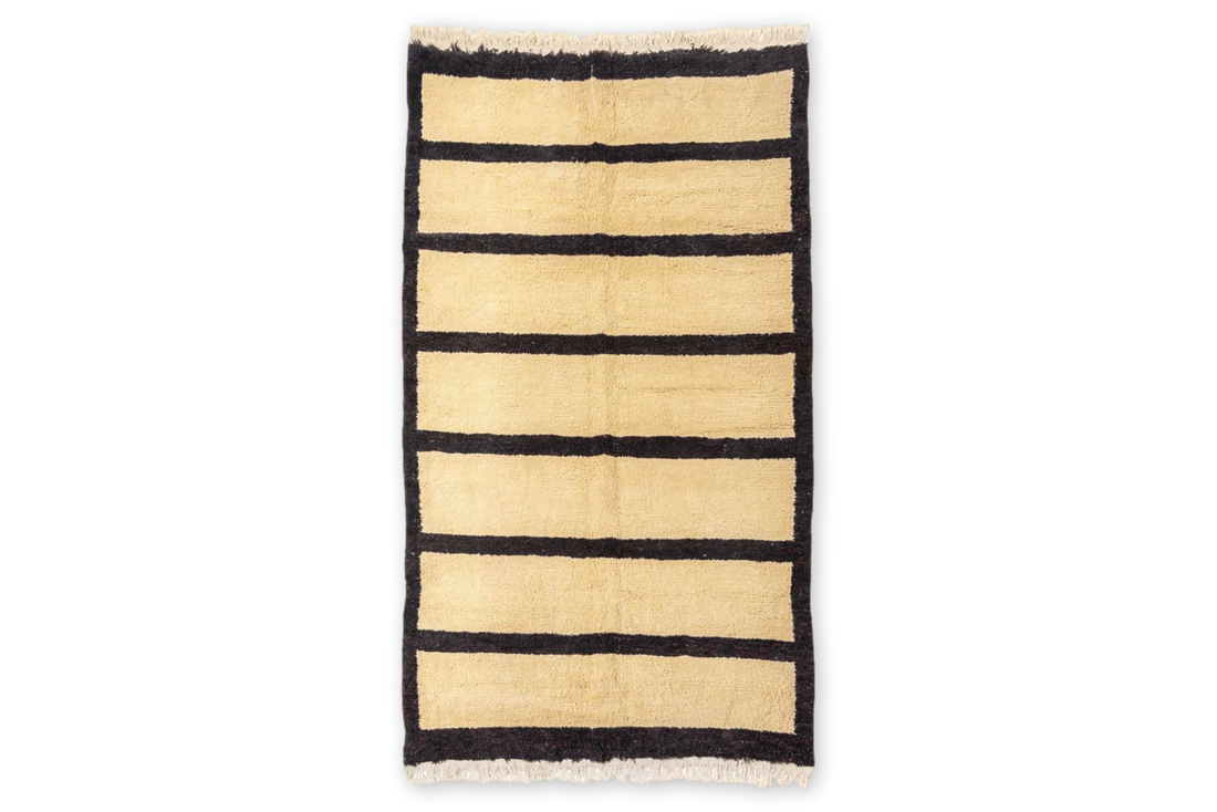 Vintage Turkish Tulu Beige and Dark Brown Striped Wool Floor Rug, 5’ x 8’